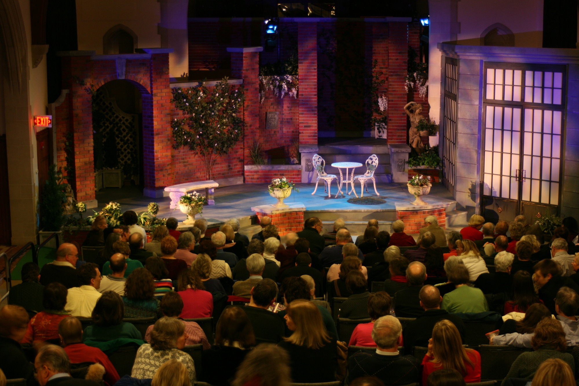 A photo of the Mayslake Peabody Mansion's Event Hall, during a production of First Folio's "Jeeves in Bloom," 2010.