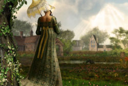 A 19th century woman in a long green dress and carries a white parasol, looking over a field and a few brown houses.