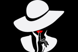 A black and white logo of a woman in a wide-brimmed hat, wand she holds a finger to her bright red lips in a "hush" gesture.