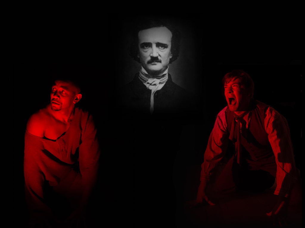 The face of Edgar Allan Poe looms over two men lit by red lighting, the Prisoner on the left, and the Madman on the right.