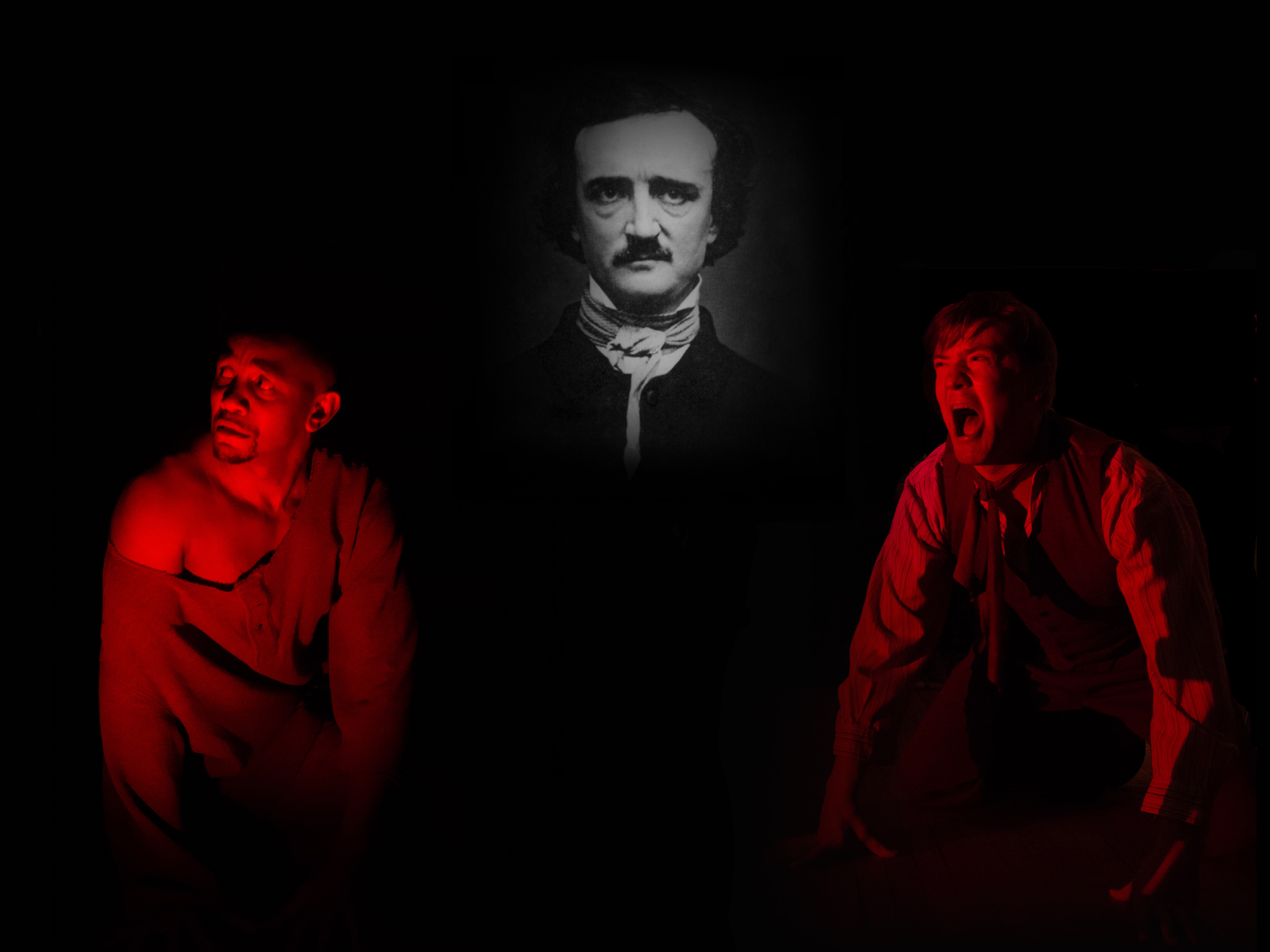 The face of Edgar Allan Poe looms over two men lit by red lighting, the Prisoner on the left, and the Madman on the right.