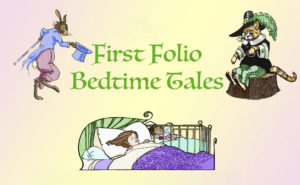 Bedtime Tale Logo; a little girl is sleeping in bed, dreaming of a rabbit in a blue coat and a orange cat in a black and green outfit.