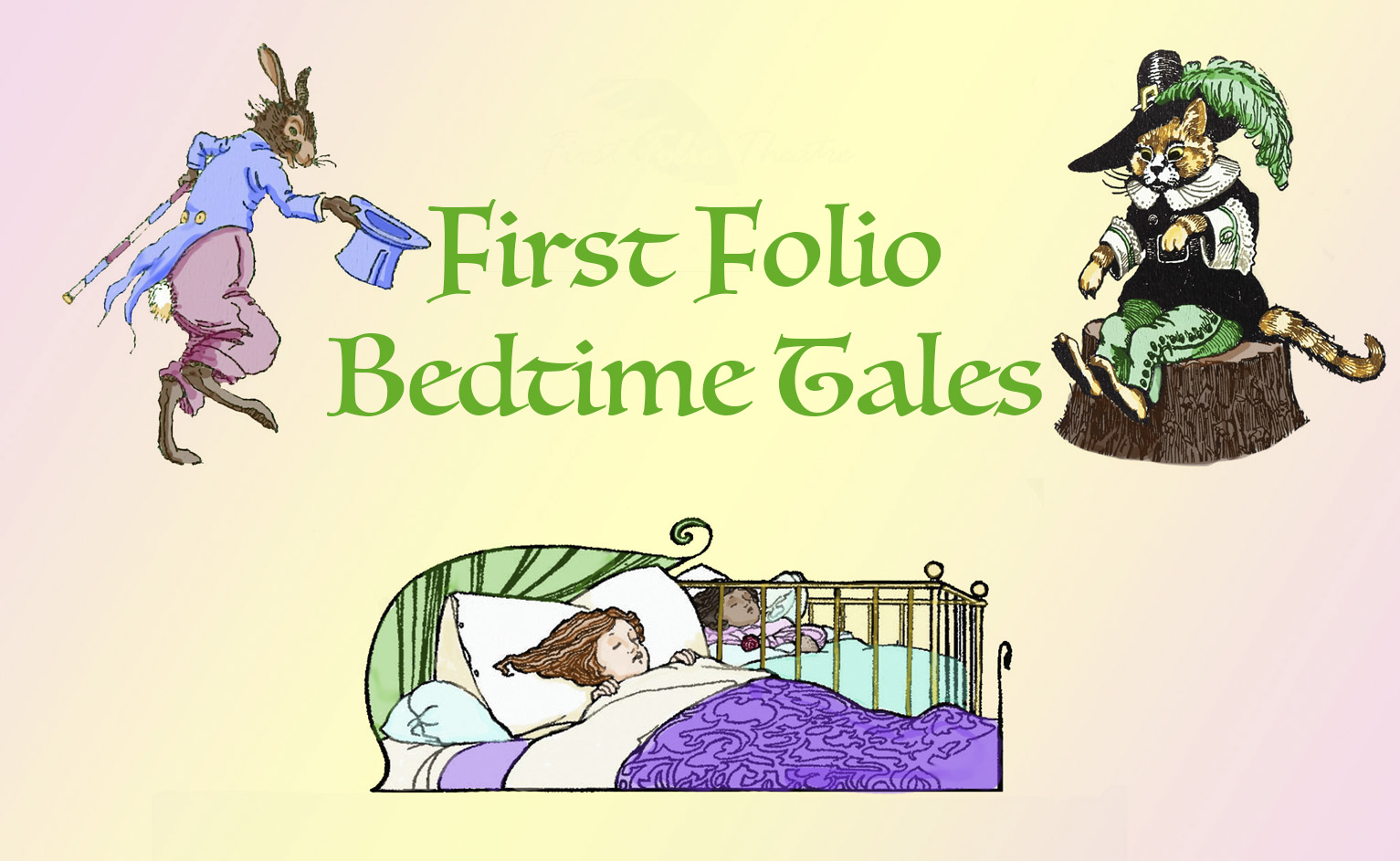 Logo for Bedtime Tales, with a little girl sleeping in bed, dreaming about a rabbit in a blue coat and a orange cat in a black and green outfit.